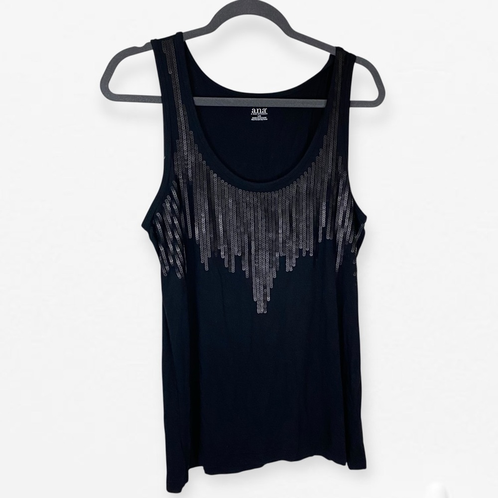 ANA Black Sequin Accent Sleeveless Stretch knit Tank Top L - Picture 5 of 8